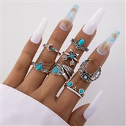 (2362  silver)occidental style retro wind imitate turquoise ring  flowers leaves eagle geometry ring set woman
