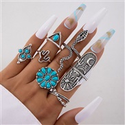 (23611 silver)occidental style retro wind imitate turquoise ring  flowers leaves eagle geometry ring set woman
