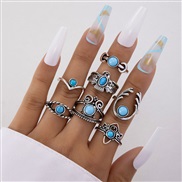 (23614 silver)occidental style retro wind imitate turquoise ring  flowers leaves eagle geometry ring set woman