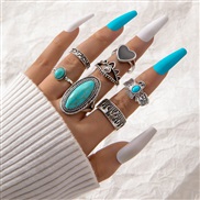 (24884 silver)occidental style retro wind imitate turquoise ring  flowers leaves eagle geometry ring set woman