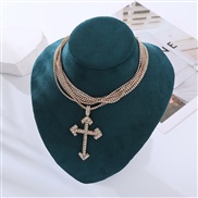 ( Gold)occidental style high multilayer chain tassel fully-jewelled cross necklace trend personality clavicle chain wo
