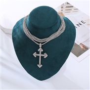( Silver)occidental style high multilayer chain tassel fully-jewelled cross necklace trend personality clavicle chain wo