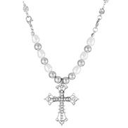 ( White K  238)occidental styleins Alloy retro Pearl cross pendant punk all-Purpose multilayer sweater necklace woman