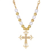 (KCgold  98 3)occidental styleins Alloy retro Pearl cross pendant punk all-Purpose multilayer sweater necklace woman