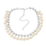 ( Silver) multilayer Round Rhinestone imitate Pearl necklace exaggerating occidental style woman elegant chain banquet