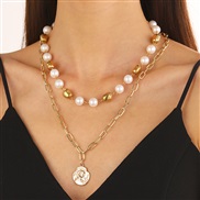 (KCgold  5 98)occidental style personality retro Double layer Pearl necklace  Bohemia pendant clavicle chain trend