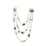 ( green)occidental style necklace retro Double layer Pearl handmade glass gem woman long necklace sweater chain samll w