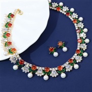 ( red) Pearl zircon flowers necklace high clavicle chain chain earrings set