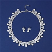 ( white) Pearl zircon flowers necklace high clavicle chain chain earrings set
