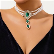 ( 1  Gold+ green 6192)occidental style  retro wind beads chain  imitate Pearl Rhinestone fashion Collar