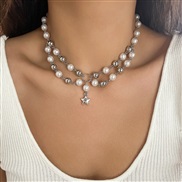 ( 2  White k 6339)occidental style wind pendant necklace temperament beads imitate Pearl Metal chain