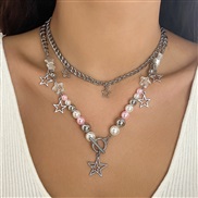 ( 4  White k 489 )occidental style wind pendant necklace temperament beads imitate Pearl Metal chain