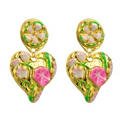 ( Pink)medium retro exaggerating Alloy enamel leaf flowers Ear clip temperament high heart-shaped flowers earrings
