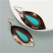 ( Brown)leopard leather earrings personality Alloy embed big turquoise high long style banquet Earring