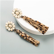 ( white)occidental style creative leather earrings Alloy embed turquoise leopard leather tassel long style earrings