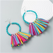 ( Color) earrings exaggerating big Round turquoise handmade leather tassel Earring earrings