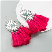 ( rose Red) Bohemia fashion tassel earrings woman creative Alloy embed turquoise exaggerating