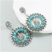 (green )occidental style retro ethnic style turquoise earrings hollow Round pendant exaggerating Earring