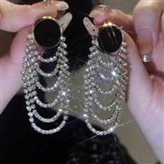 ( Silver Tassels)occidental style personality exaggerating black Round long style fully-jewelled tassel earrings woman 