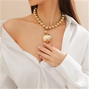 ( Gold 6246)occidental style punk wind removable Metal half Round pendant necklace exaggerating beads chain
