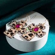 ( rose Red) occidental style leopard leather earrings lady retro Alloy diamond cross high earrings Earring