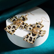 ( Brown) occidental style leopard leather earrings lady retro Alloy diamond cross high earrings Earring