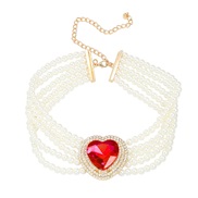 ( red)occidental style imitate Pearl necklace woman heart-shaped glass diamond banquet pendant exaggerating brideneckla