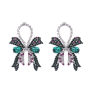 ( green)occidental style fashion high fully-jewelled bow silver earrings woman elegant colorful diamond