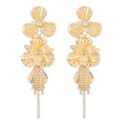 ( Gold)E occidental style  Metal wind three-dimensional flowers earrings Rhinestone tassel exaggerating earring