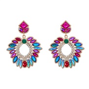 ( Color)occidental style colorful diamond earrings Rhinestone fully-jewelled Earring woman Alloy diamond geometry flowe
