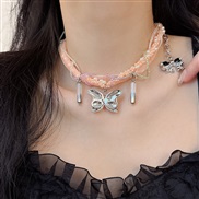 ( Pink)samll necklace woman twining Pearl butterfly clavicle chain personality exaggerating chain woman Collar