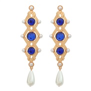 ( blue)medium earrings occidental style retro Earring woman geometry Alloy resin Pearl long style exaggerating