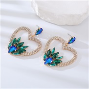 (blue green ) Alloy embed colorful diamond love earrings creative all-Purpose high Earring exaggerating temperament ear