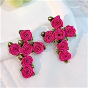 (E 1415  rose Red)occidental style Cloth flowers cross earrings  handmade production fashion high Earring woman