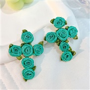 (E 1415  green)occidental style Cloth flowers cross earrings  handmade production fashion high Earring woman