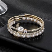 ( Gold) opening imitate Pearl Rhinestone bangle multilayer twining elasticity more row Pearl fully-jewelled bracelet