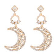 ( Gold)E elegant flash diamond Moon pendant earrings  retro geometry fully-jewelled hollow temperament Earring