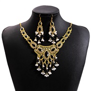(E2383 1)occidental style retro ethnic style set  exaggerating luxurious drop necklace palace wind Round tassel earring