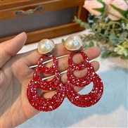 (E 1384  red)occidental style fashion geometry Pearl earrings woman  creative long style brief pure color exaggerating 