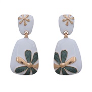 (Dark gray)summer occidental style earrings Alloy enamel ear stud woman square fashion flowers pattern exaggerating