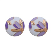 (purple)summer occidental style earrings Alloy enamel ear stud woman Round fashion flowers pattern Korean style Earring