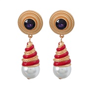 ( red)medium earrings occidental style retro Earring woman Round Alloy enamel embed Pearl