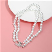 ( Silver necklace)all-Purpose Double layer high Pearl necklace woman summer buckle short style clavicle chain chain