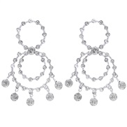 (silvery +)occidental style exaggerating fashion colorful diamond Round tassel Alloy diamond Rhinestone earring earring