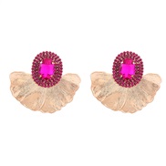 ( rose Red)occidental style exaggerating earrings leaves flowers Earring Round glass diamond diamond Alloy