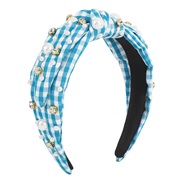 ( blue)F fashion color grid Cloth Headband  imitate Pearl Rhinestone sweet retro Headband