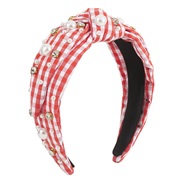 ( red)F fashion color grid Cloth Headband  imitate Pearl Rhinestone sweet retro Headband