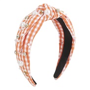 ( Orange)F fashion color grid Cloth Headband  imitate Pearl Rhinestone sweet retro Headband