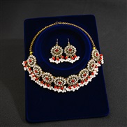 (E1681 2/ red)occidental style retro wind Metal exaggerating earrings necklace set  sector fully-jewelled Pearl necklace