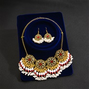 (E2 48 1/ red)occidental style retro wind Metal exaggerating earrings necklace set  sector fully-jewelled Pearl necklace